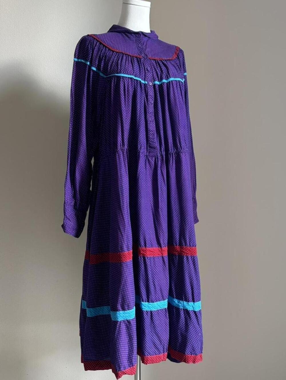 Vintage Cotton Prairie Dress Purple Polka Dot Midi Maxi M - Picture 3 of 8